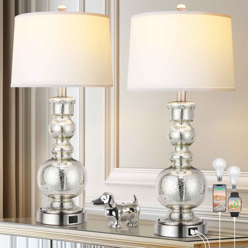 Table Lamp Set Smokey Grey Glass USB Charging Bedside Lamp Set