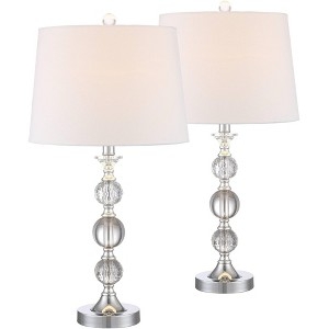 Table Lamp Set Stacked Crystal Block Base Rectangular Shade Silver Finish