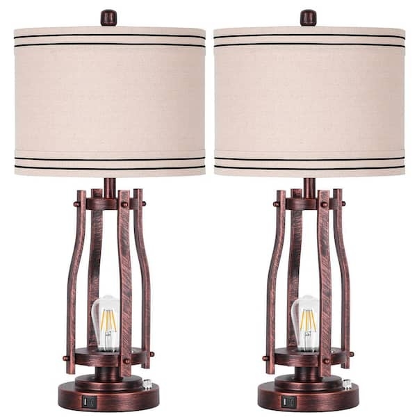 Table Lamp Set Stained Glass Shade Tiffany Style Bronze Base Pull Chains