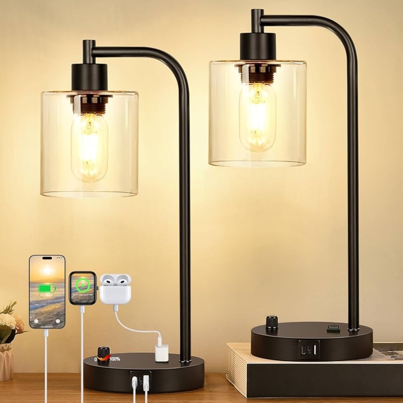 Table Lamp Set Stepless Dimmable Clear Glass Cylindrical Shades USB AC