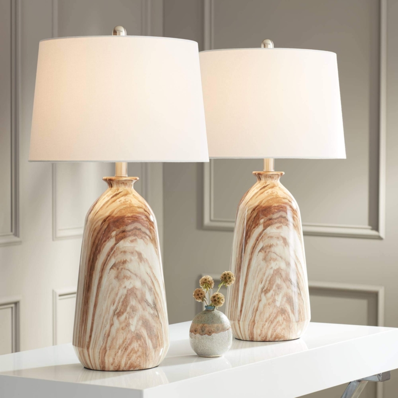 Table Lamp Set Swirling Faux Marble Tapered Drum Shades Modern Rustic