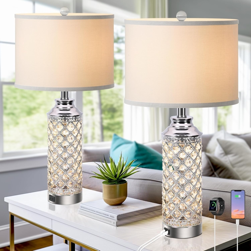 Table Lamp Set Tall Crystal Spheres Night Light Dual USB Ports Silver