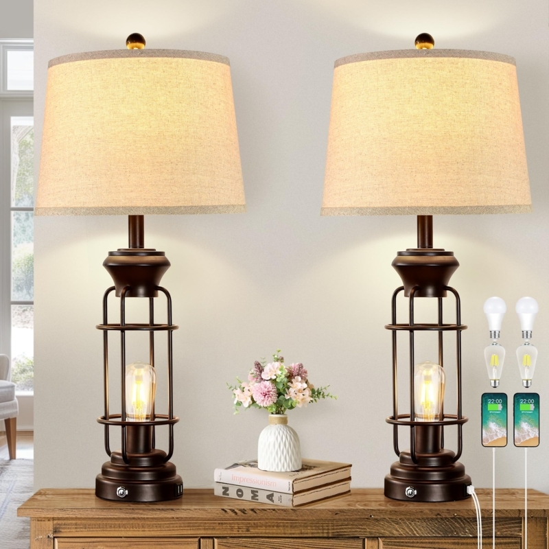 Table Lamp Set: Tall Spindle Base Farmhouse Lamps with Dual USB Ports.