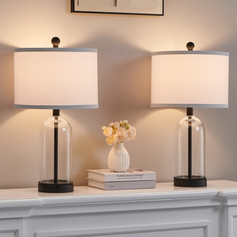 Table Lamp Set Tapered Clear Glass Base Silver Toned Metal