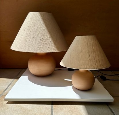 Table Lamp Set Terracotta Base Slubbed Shades Mediterranean