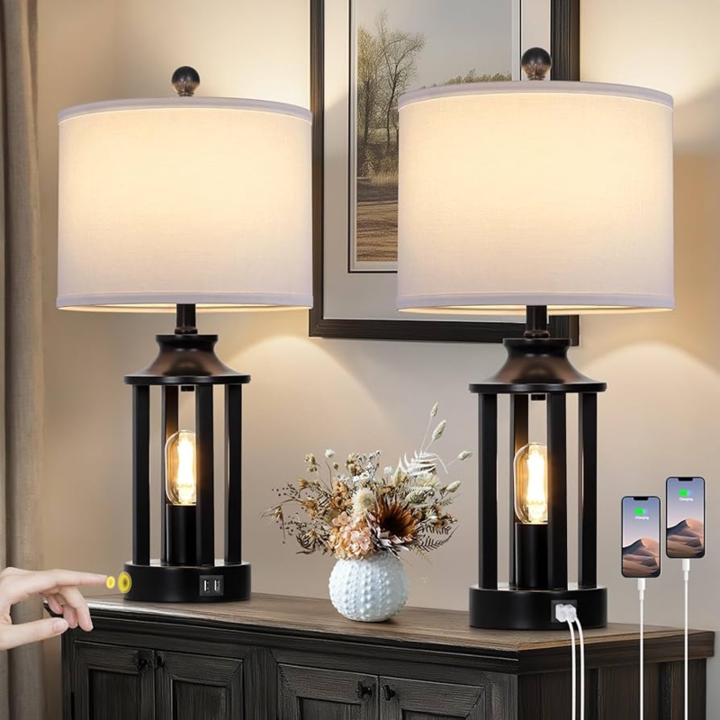 Table Lamp Set: Textured Black Base, Linen Drum Shades for Rustic Decor