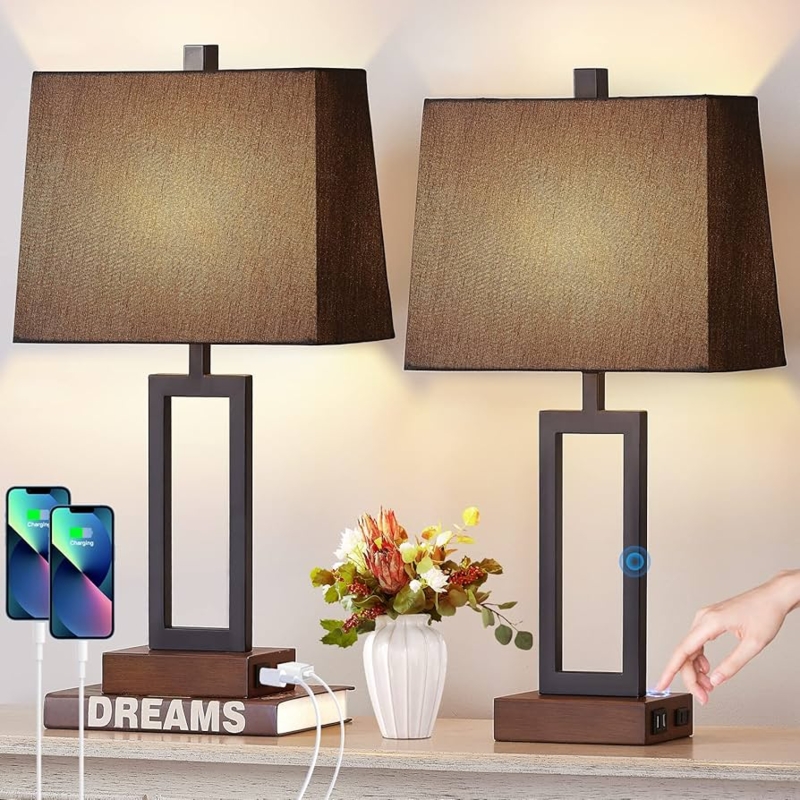 Table Lamp Set Touch Control Cream Drum Shade USB Ports