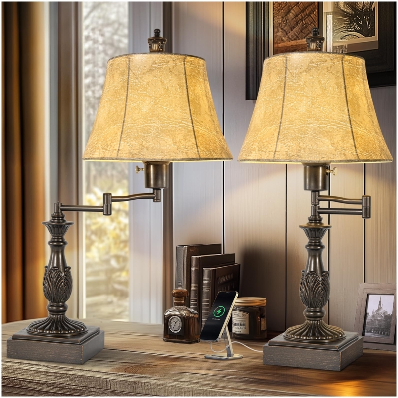 Table Lamp Set Traditional Bronze Swing Arm USB Bedroom Lighting