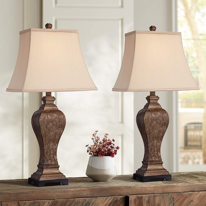Table Lamp Set: Traditional Bronze Urn Base Lamps with White Drum Shades.