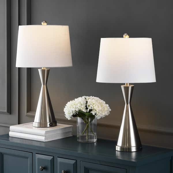 Table Lamp Set Traditional Polished Nickel Trumpet Base USB Port