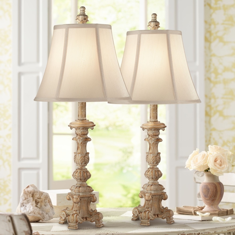 Table Lamp Set Traditional Whitewashed Candlestick Beige Bell Shades