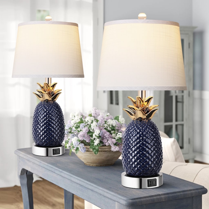 Table Lamp Set, Transitional Cream Textured Ceramic Bedside Lamps with USB.