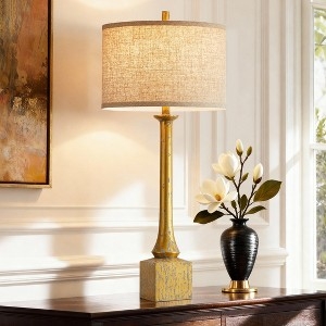 Table Lamp Set: Transitional Tall Polished Gold Base with White Drum Shade