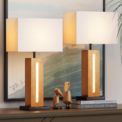 Table Lamp Set, Transitional Wood Grain Base & Linen Shade.