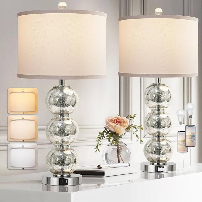 Table Lamp Set Triple Stacked Mercury Glass Spheres White Shades