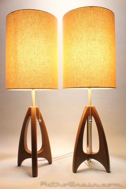 Table Lamp Set Tripod Base Walnut Wood Burlap Texture Drum Shades