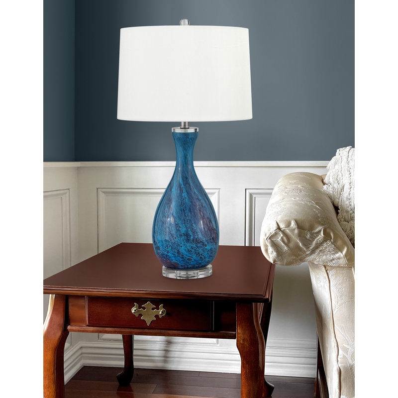 Table Lamp Set, Two-Tone Blue Ceramic, USB Port, Linen Shade
