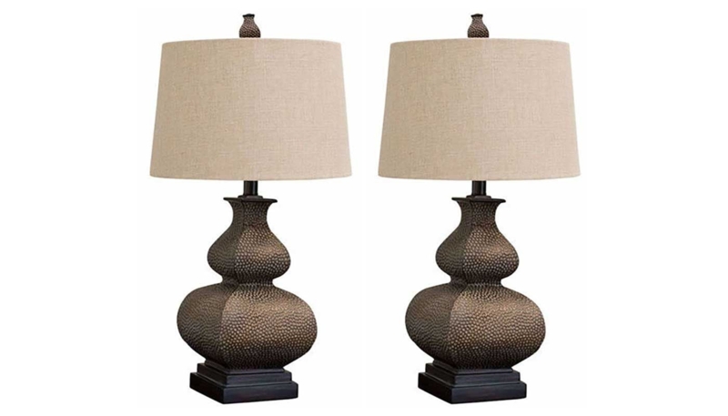 Table Lamp Set: Urn Silhouette Hammered Bronze Lamps.