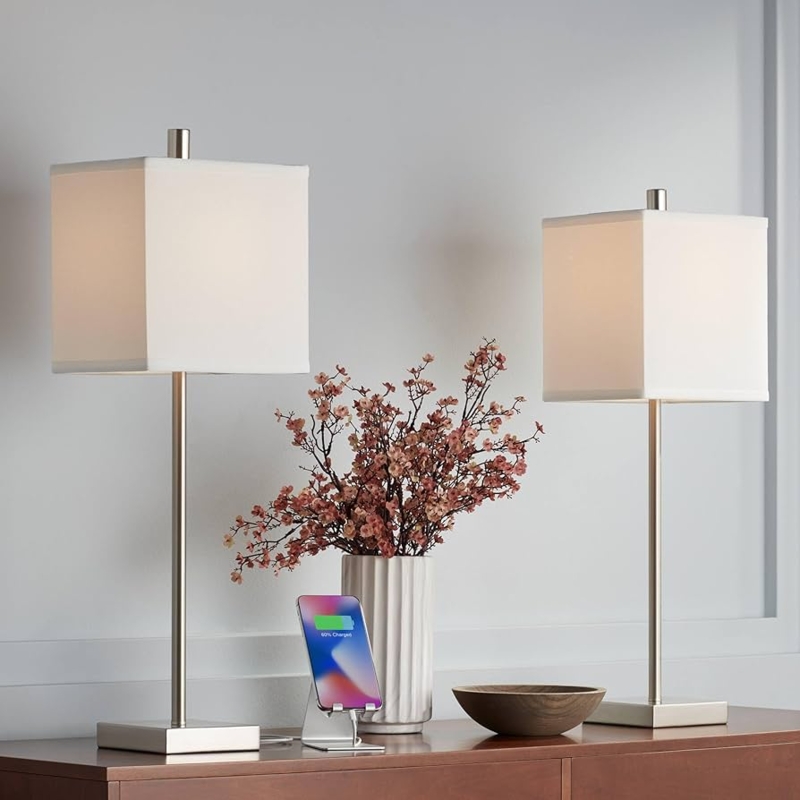 Table Lamp Set USB Charging Port Brushed Nickel Square Shade Bedside