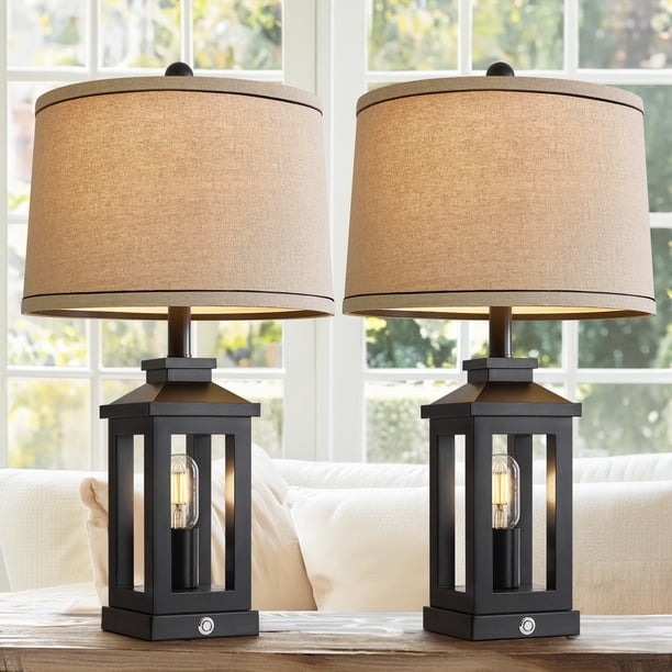 Table Lamp Set USB Charging Ports Wood Grain Base Farmhouse Style