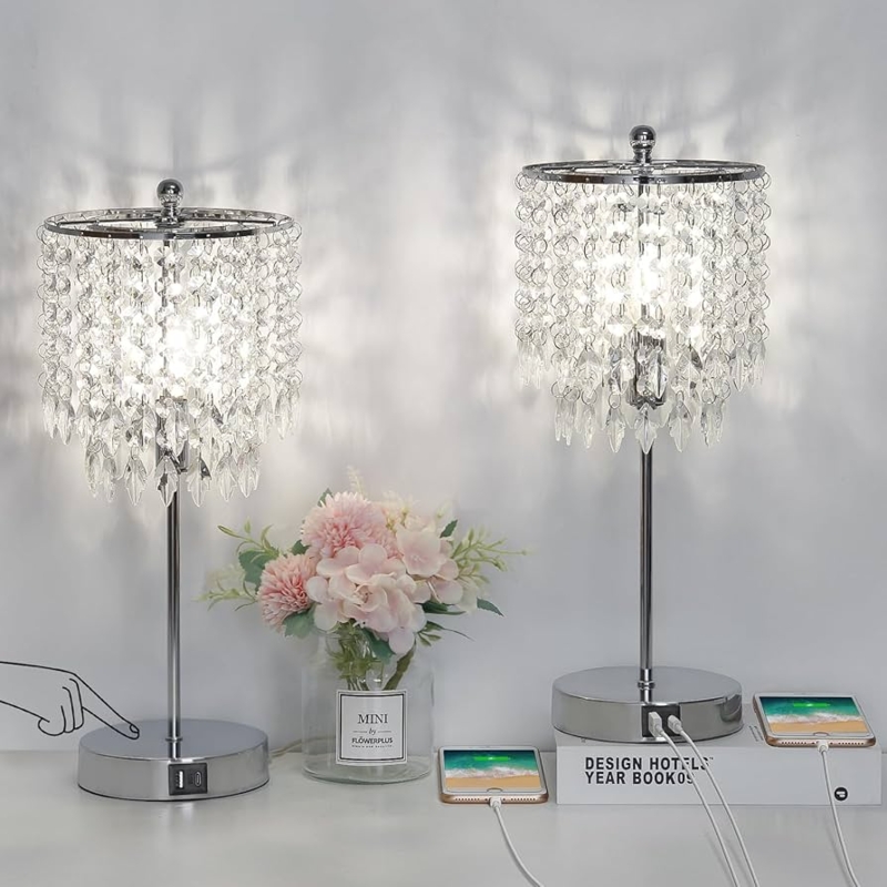 Table Lamp Set USB Port Crystal Accents Polished - crystal table lamp set