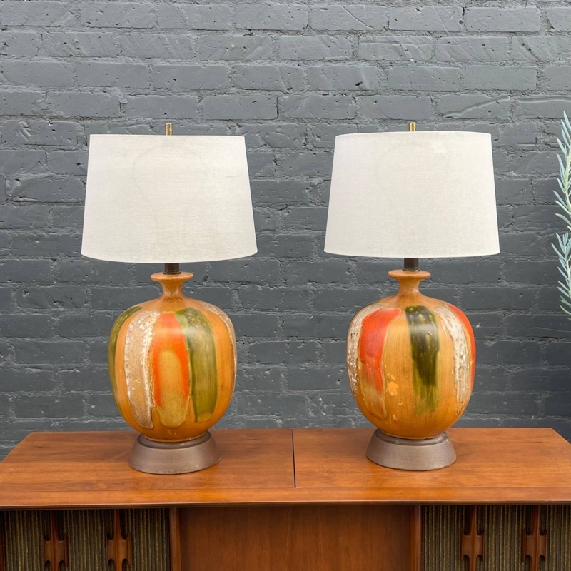 Table Lamp Set, Vintage 1960s Style, Mottled Teal Glaze, Mid-Century.