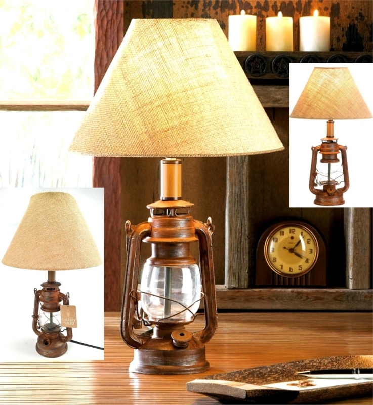 Table Lamp Set Vintage Camping Lantern Burlap Shades Lodge Decor