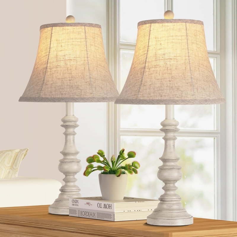 Table Lamp Set Vintage Elegant Distressed Urn Base Cream Shades
