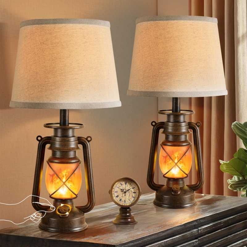 Table Lamp Set Vintage Lantern Flickering Flame Black LED