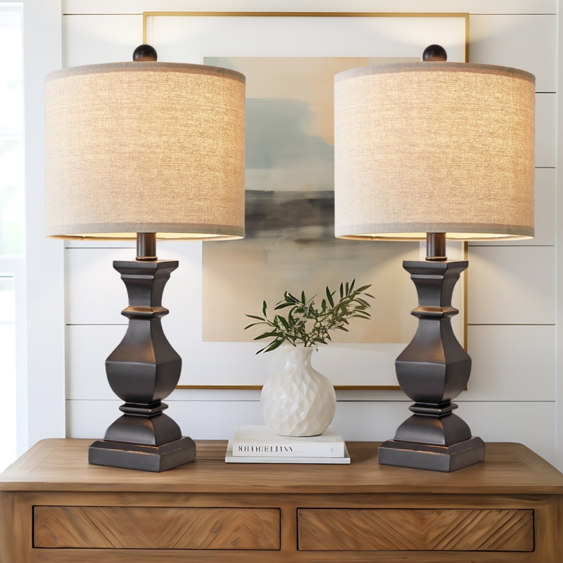 Table Lamp Set: Vintage Rustic Style Ornate Carved Wood-Toned Base