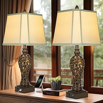 Table Lamp Set Vintage Urn Base Faux Silk Shade Distressed Finish