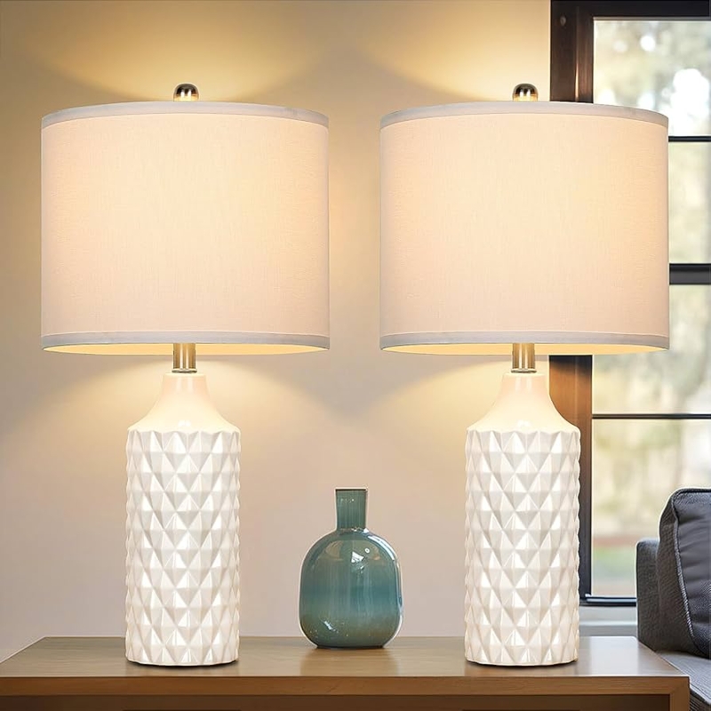 Table Lamp Set, White Ceramic Pair with Organic Texture, Modern Farmhouse.
