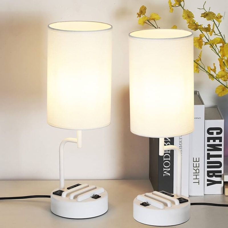 Table Lamp Set White Dual Phone Stands AC Outlet USB Modern Bedside