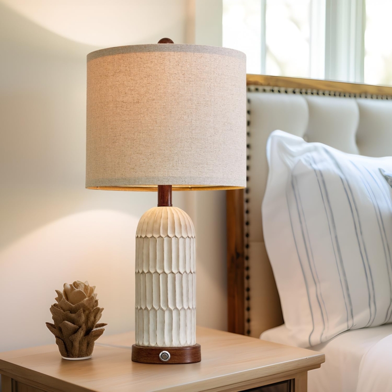 Table Lamp Set White Lattice Pattern Base USB Port Coastal Style