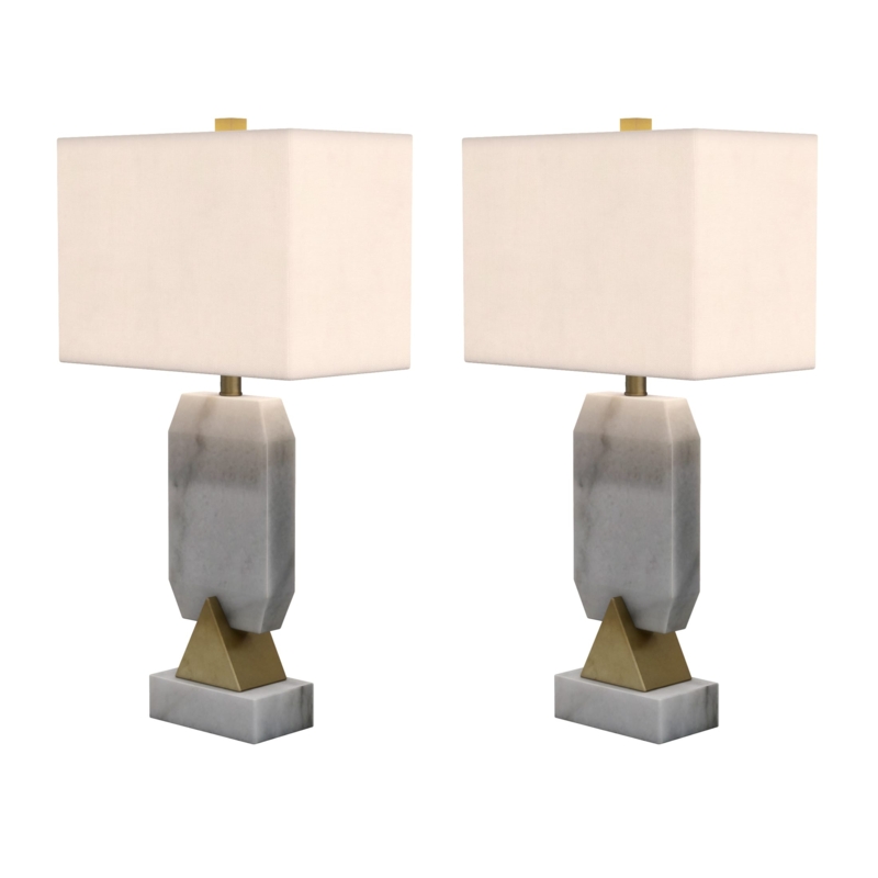 Table Lamp Set White Marble Cylindrical Base Gold Accents Luxe Style