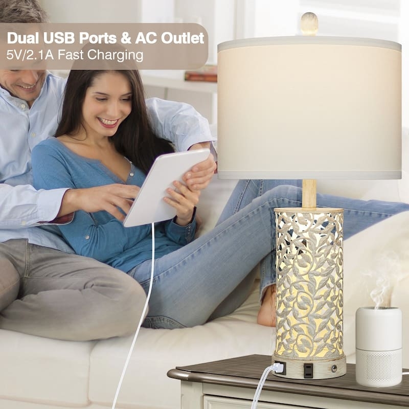 Table Lamp Set White Nightlight Base Gold Frame USB Ports