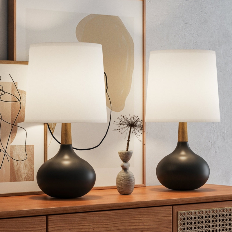 Table Lamp Set White Ribbed Ceramic Body Wood Toned Base