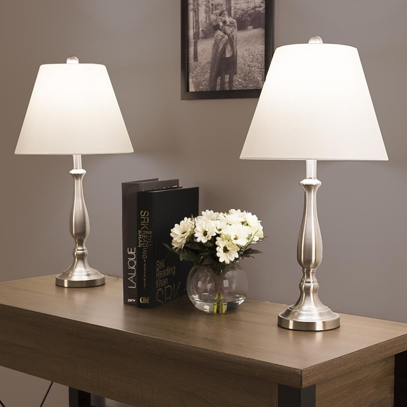 Table Lamp Set with Brushed Steel Pedestal Base for Bedroom