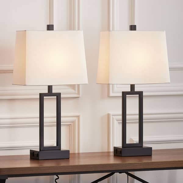 Table Lamp Set with Built-in Charging Hub, Black Open Base.