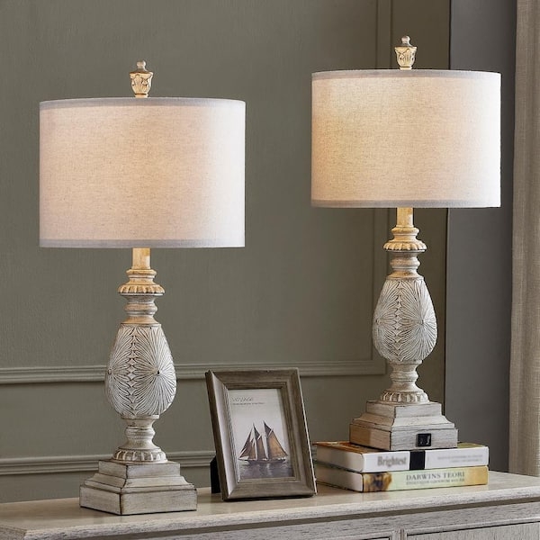 Table Lamp Set with Distressed Ivory Baluster Base and USB Ports