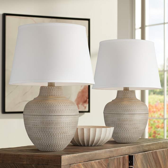 Table Lamp Set with Hammered Bronze Pot Base, Modern Farmhouse