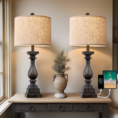 Table Lamp Set with Matte Black Open Cage Base, Industrial Style