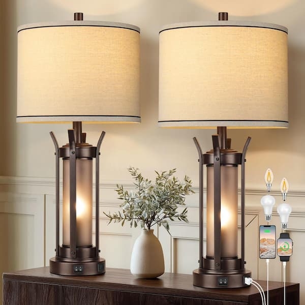 Table Lamp Set with Sculpted Oil-Rubbed Bronze Base and USB Ports