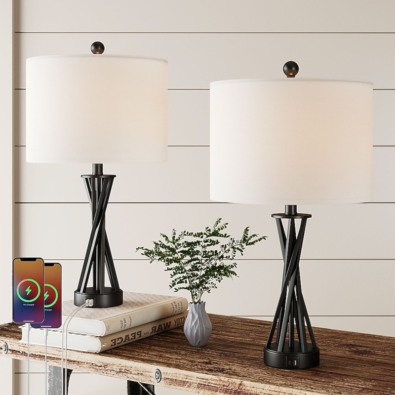 Table Lamp Set with Sleek Black Metal Base and USB Ports for Bedroom