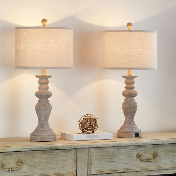 Table Lamp Set with White Dimpled Texture, Wood Neck, and USB Port