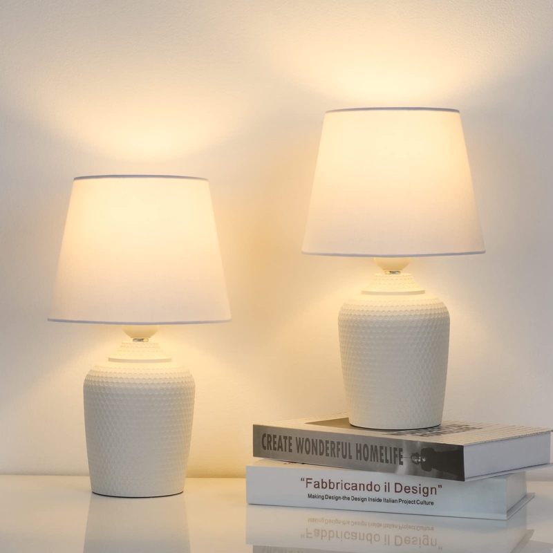Table Lamp Set with White Studded Texture Base and Drum Shades