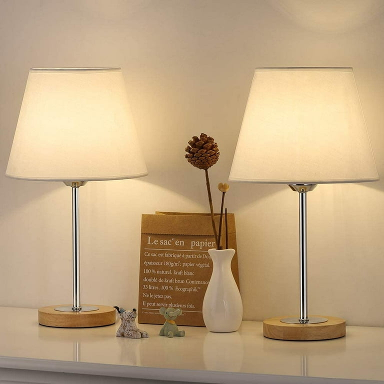Table Lamp Set Wood Base Slim Black Stem Minimalist Bedside Lighting