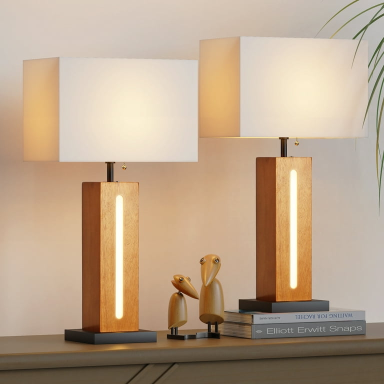Table Lamp Set Wood Grain Base Dimmable Switch Rustic Modern Bedside