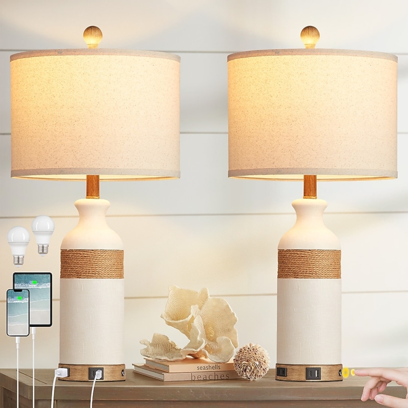 Table Lamp Set Wood Textured Finish Gourd Shape Linen Shade Organic