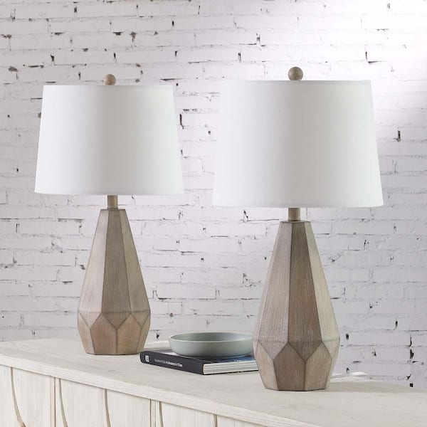 Table Lamp Set Wood Toned Base Tapered Silhouette Drum Shade Bedroom